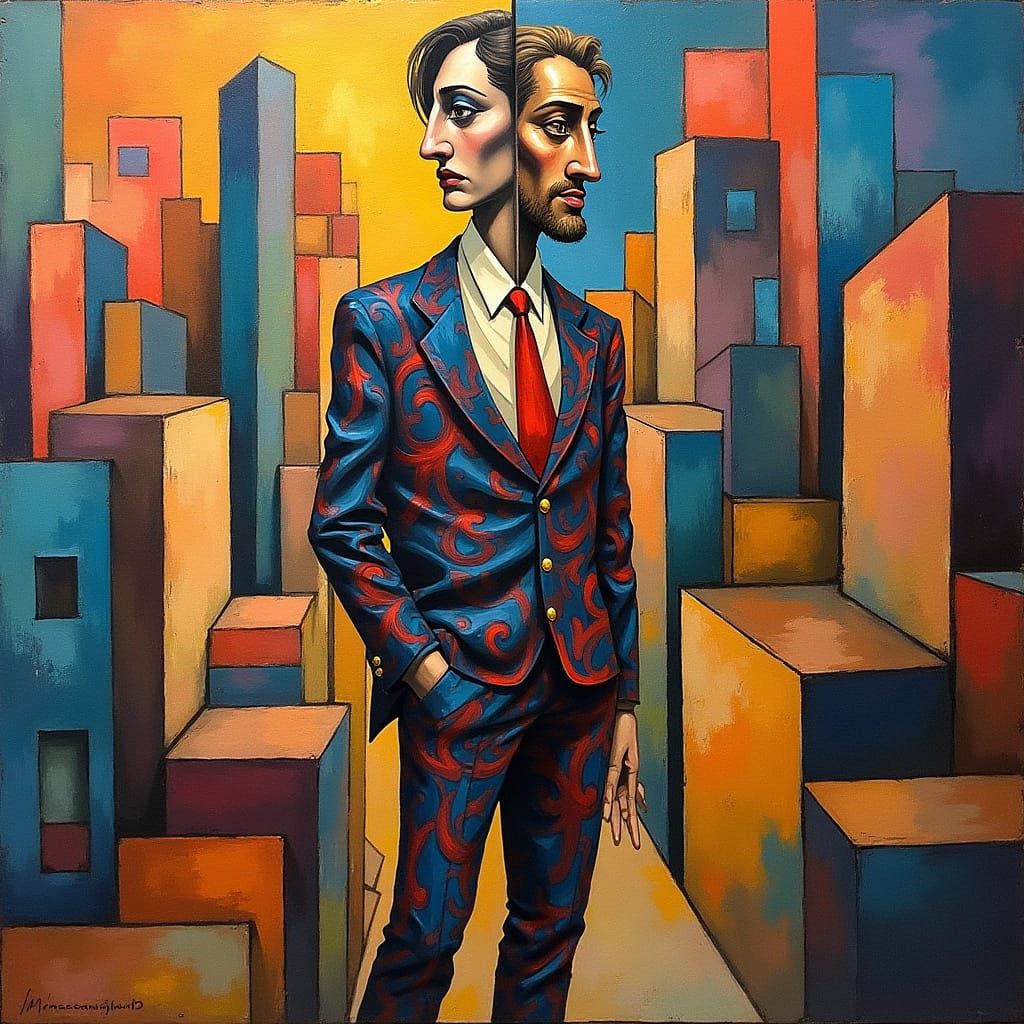 Cubist Figure in Geometric Cityscape