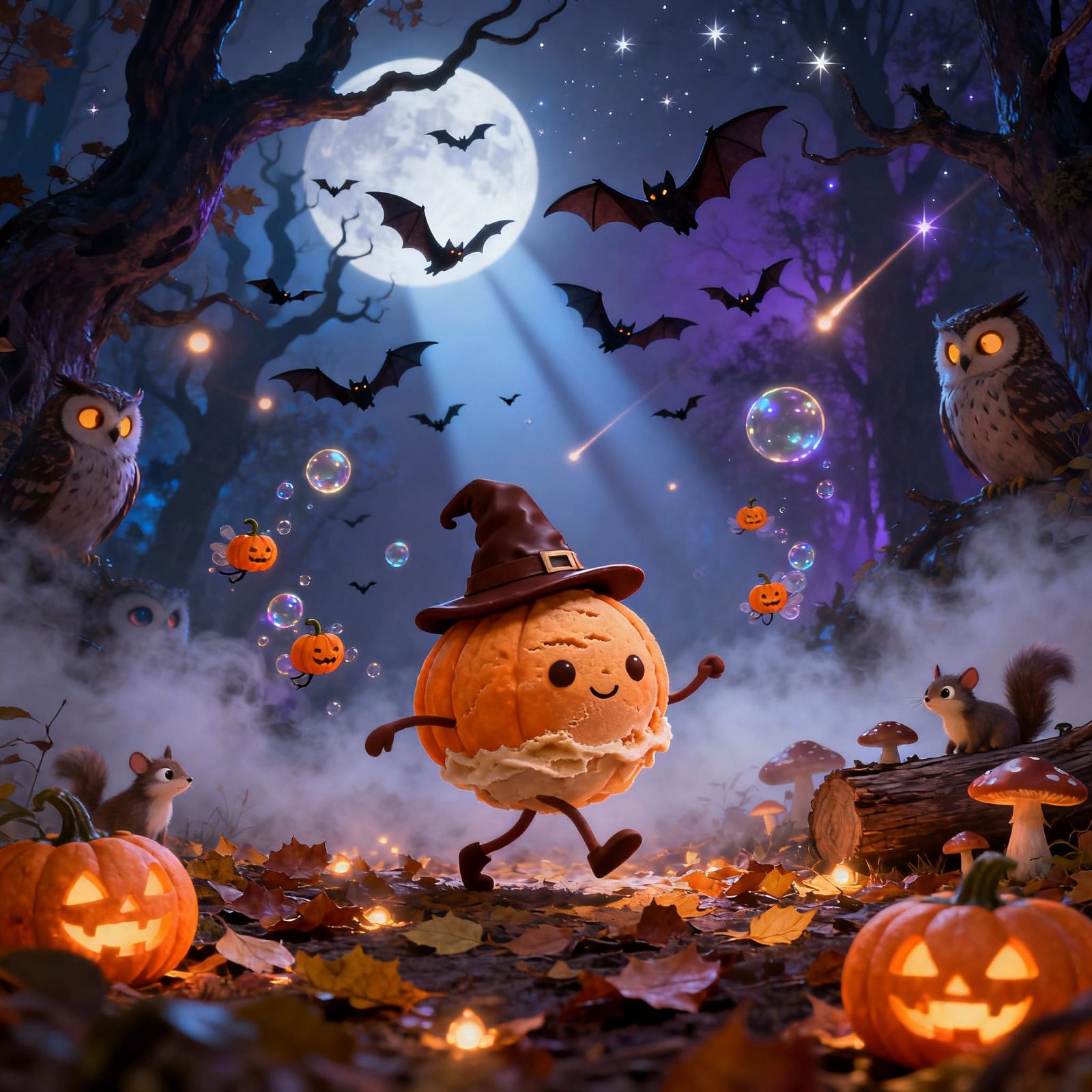 Whimsical Pumpkin Character Dances in Eerie Moonlit Forest