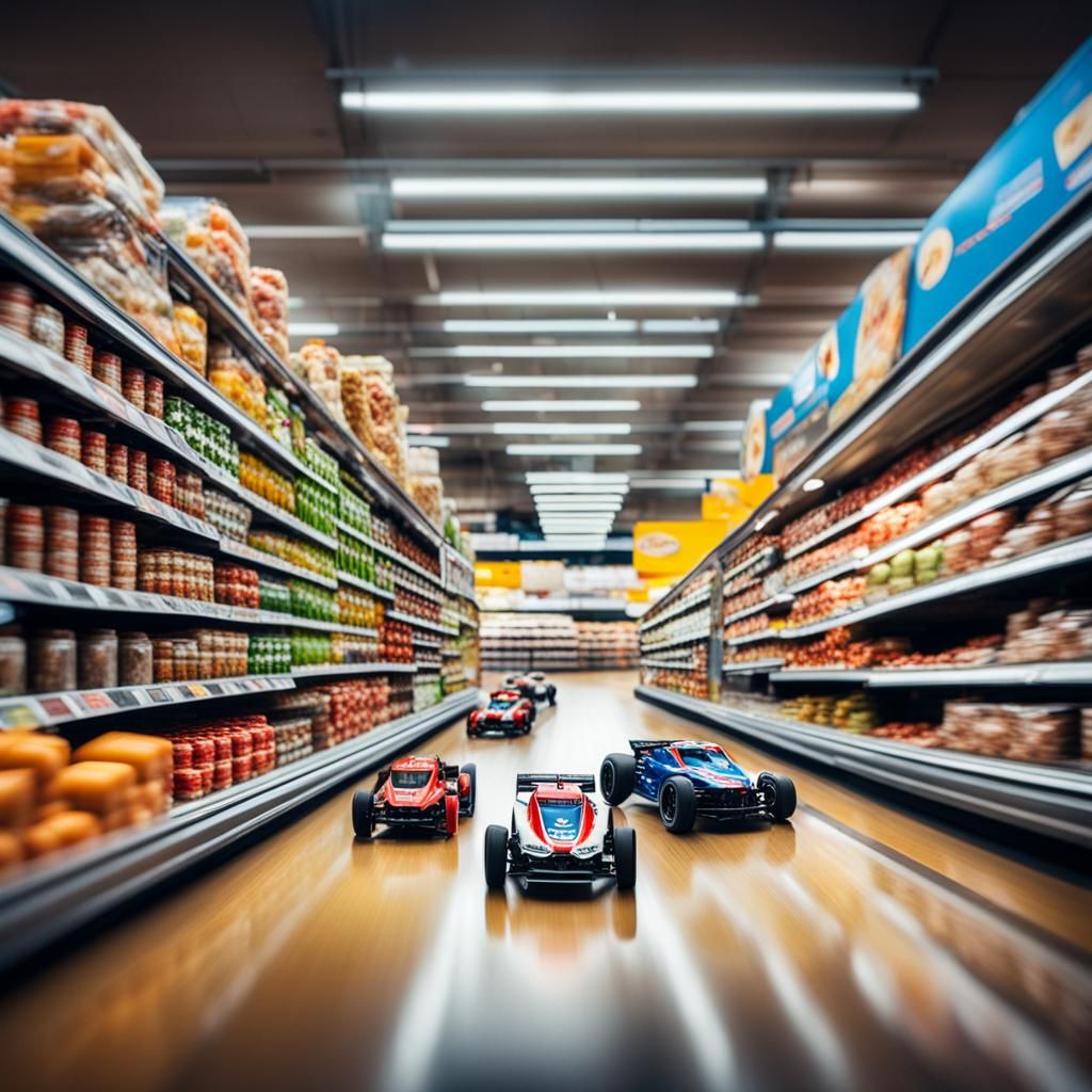 Remote Control Cars Race Through Supermarket Aisle