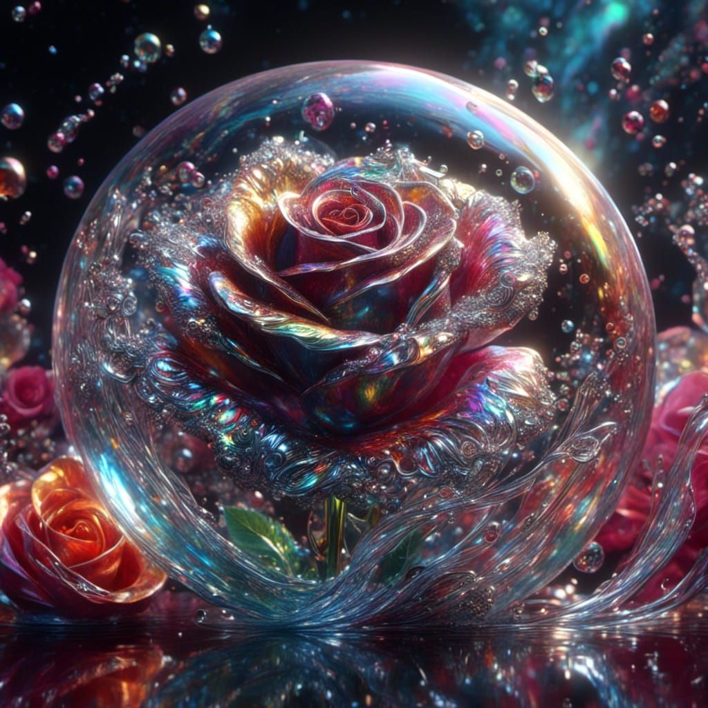 Iridescent Rainbow Rose in Frozen Bubble, Synthwave Art