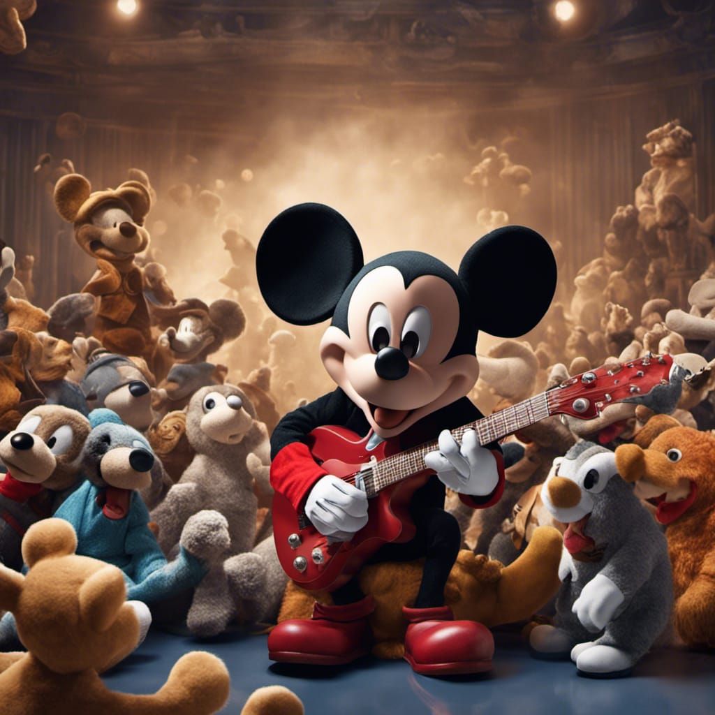 "MICKEY MOUSE dressed up as a rock star, playing for an audience of stuffed animals, Disney, Pixar, hyperrealistic, hype...