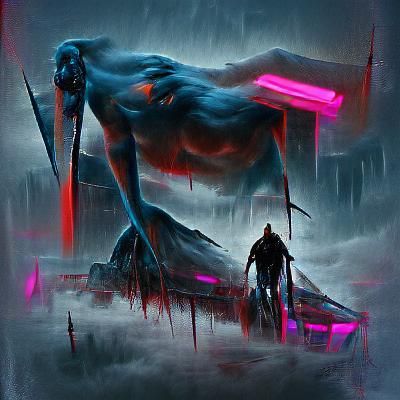 a lone warrior stands, the corpses of the many demons that have been slain litter the ground, sometimes in small heaps, ...