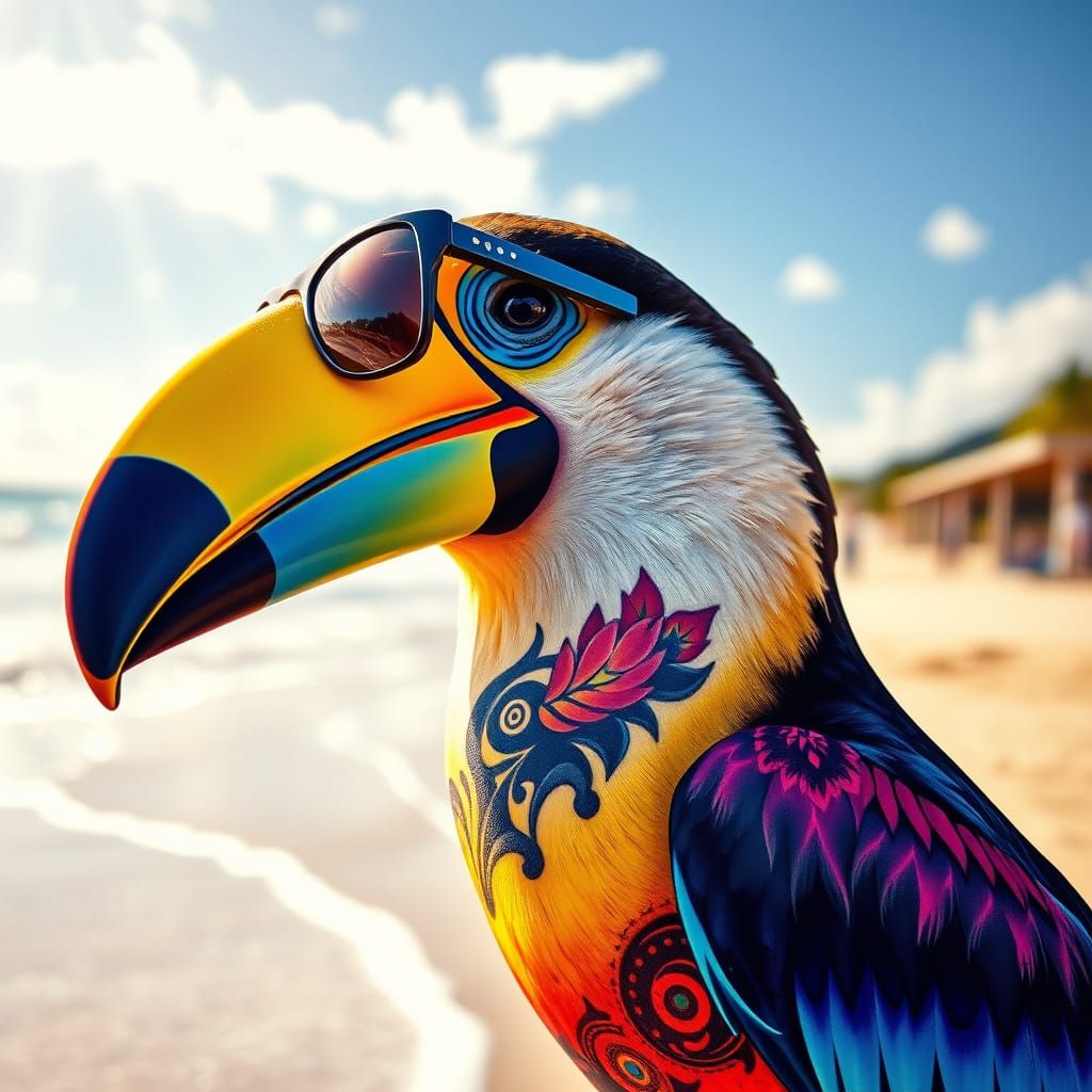 Vibrant Toucan Tattoo on Sunny Beach, Hyperrealistic