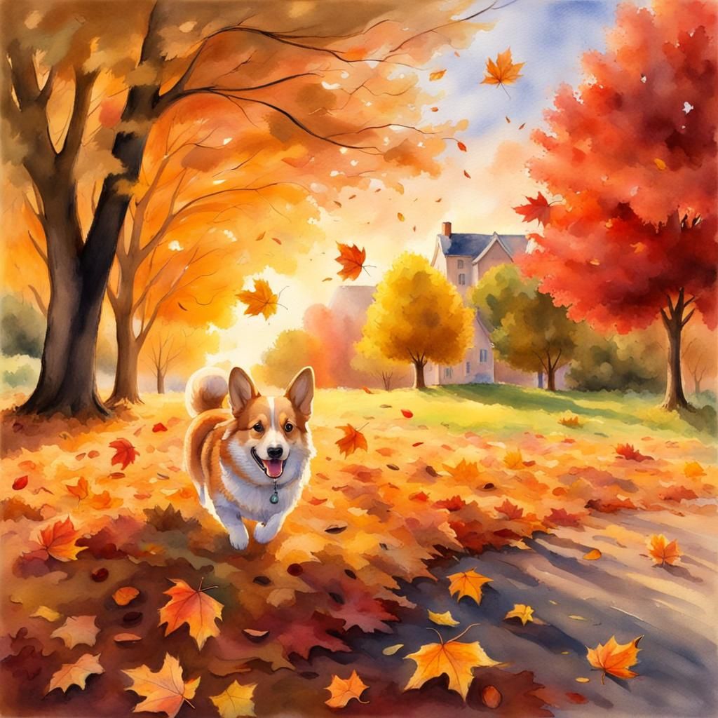 Autumn Sunrise: Corgi Playing in Fallen Leaves