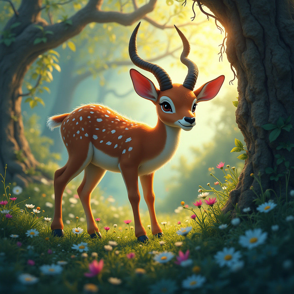 Antelope in Whimsical Woodland: Atmospheric Matte Painting
