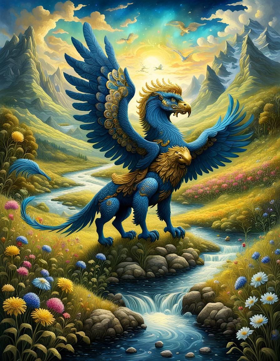 Blue and Gold Griffin in Mystical Meadow