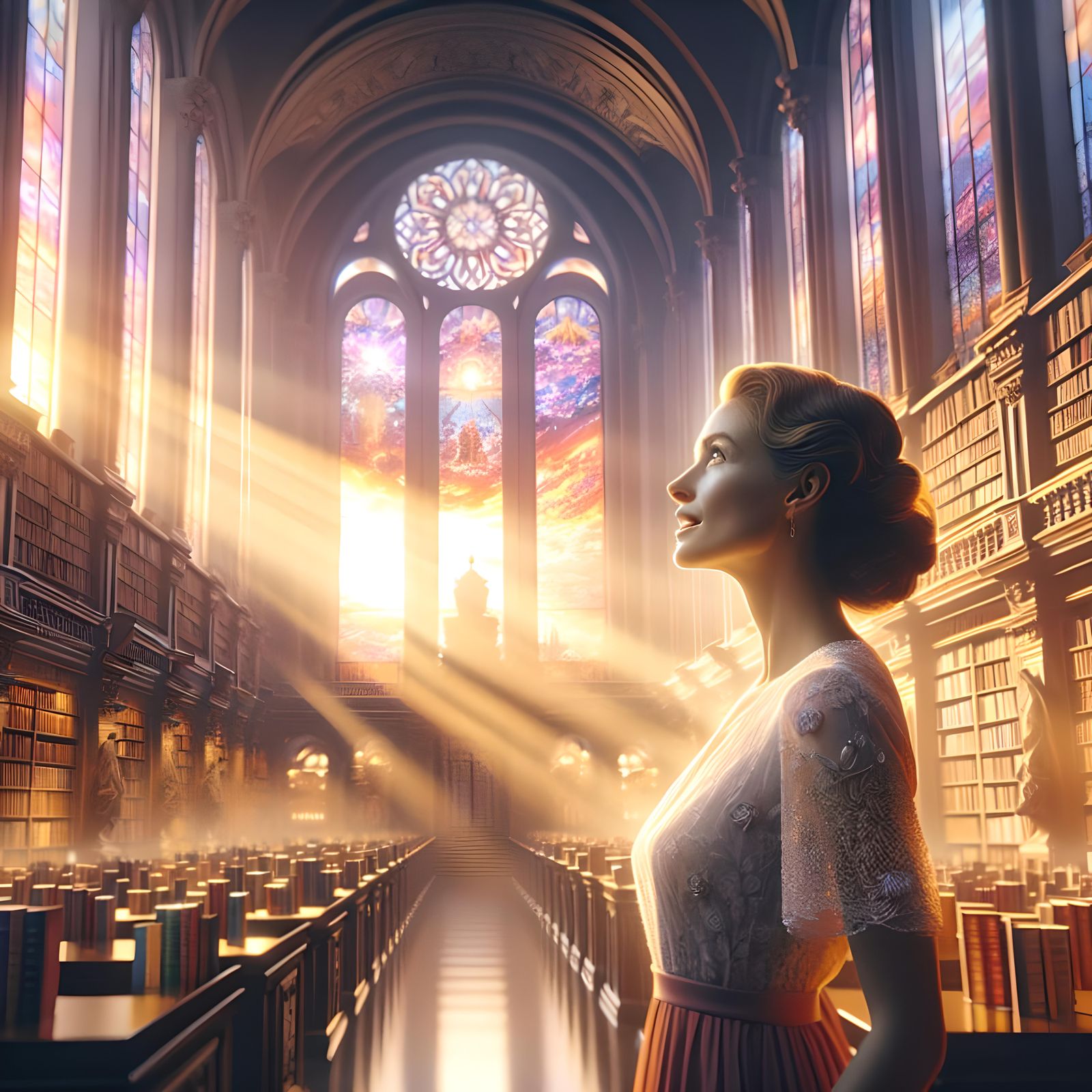 Sunlit Library: Woman Gaze in Digital Matte Painting
