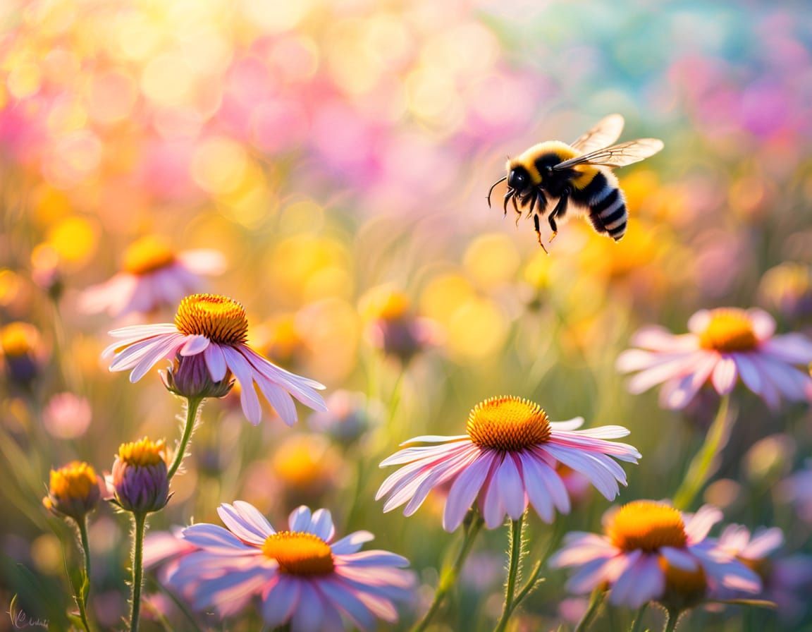 Vibrant Bumble Bees Dance Amidst Colorful Blooms in Impressi...