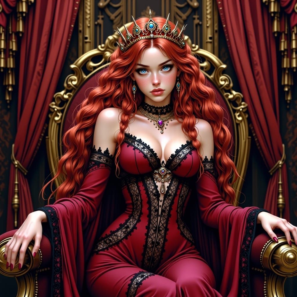 Anime Queen with Crimson Hair in Opulent Throne Room