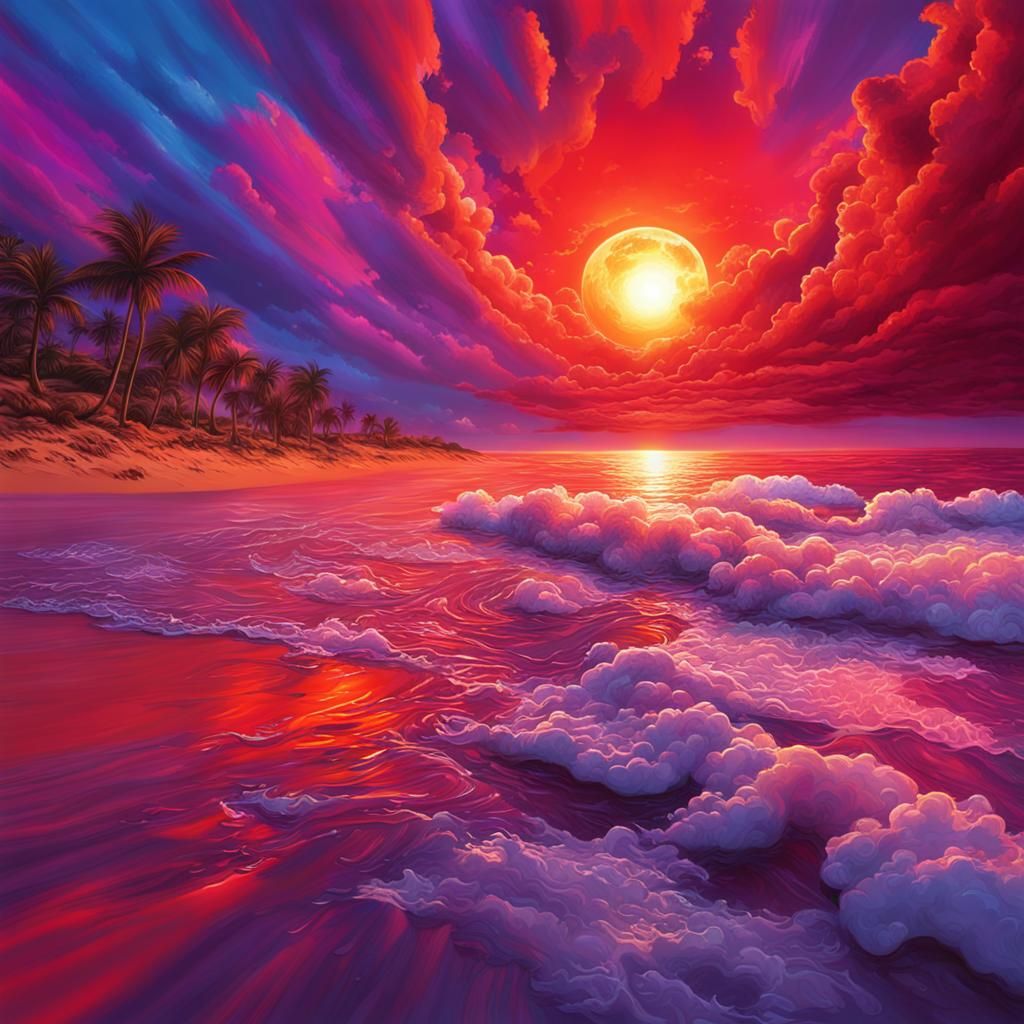 Hyperrealistic Beach Sunset with Splash Art Style