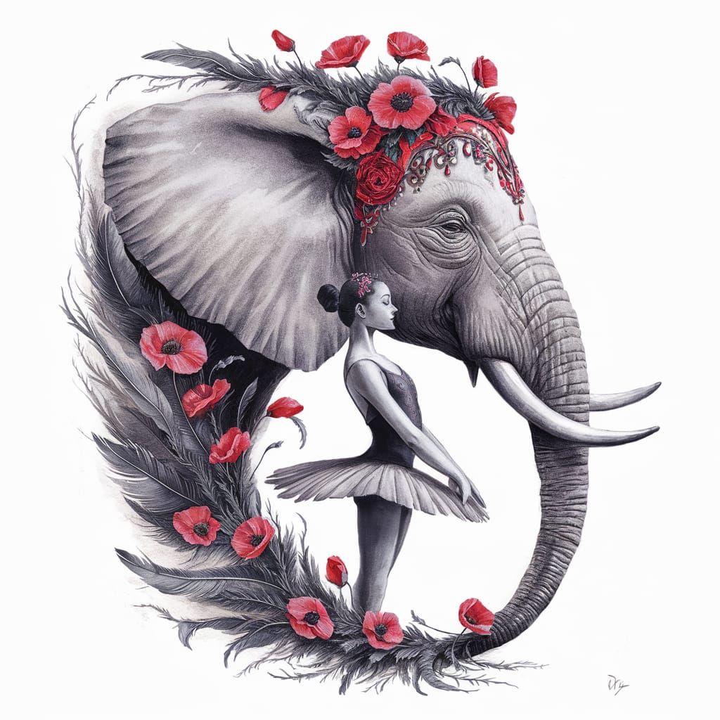 Ballet Dancer and Elephant in Surreal Harmony