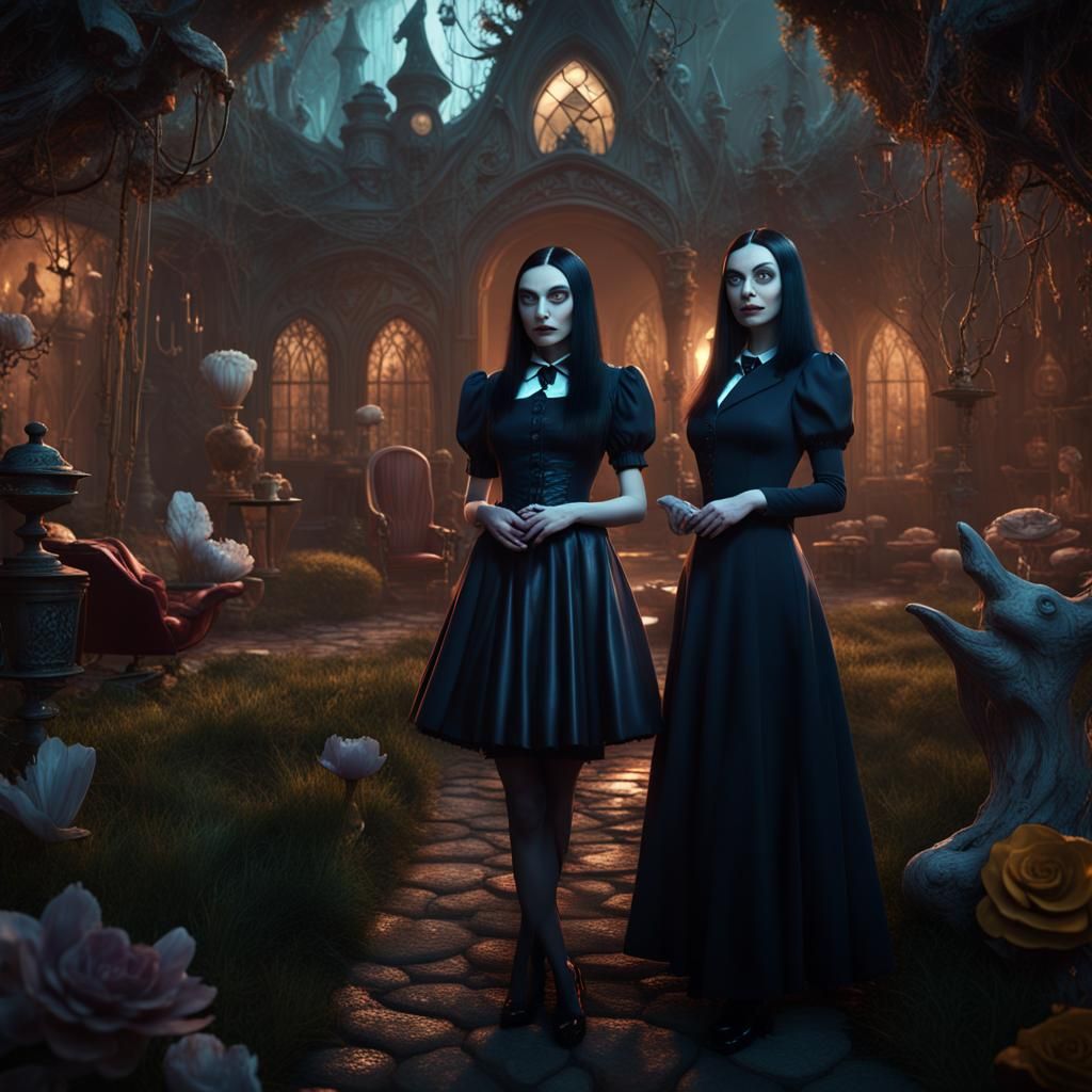Morticia and Wednesday Addams in Wonderland