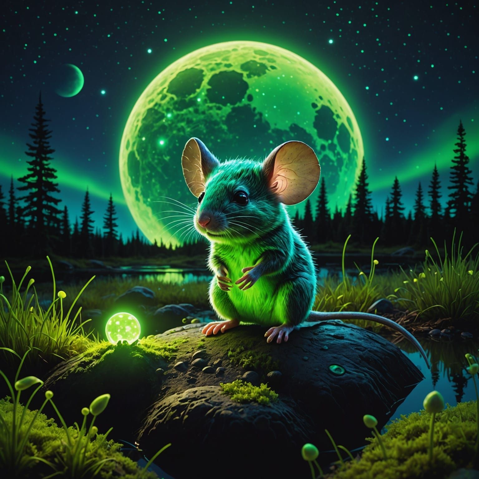 Neon Green Chibi Mouse on Bioluminescent Moon