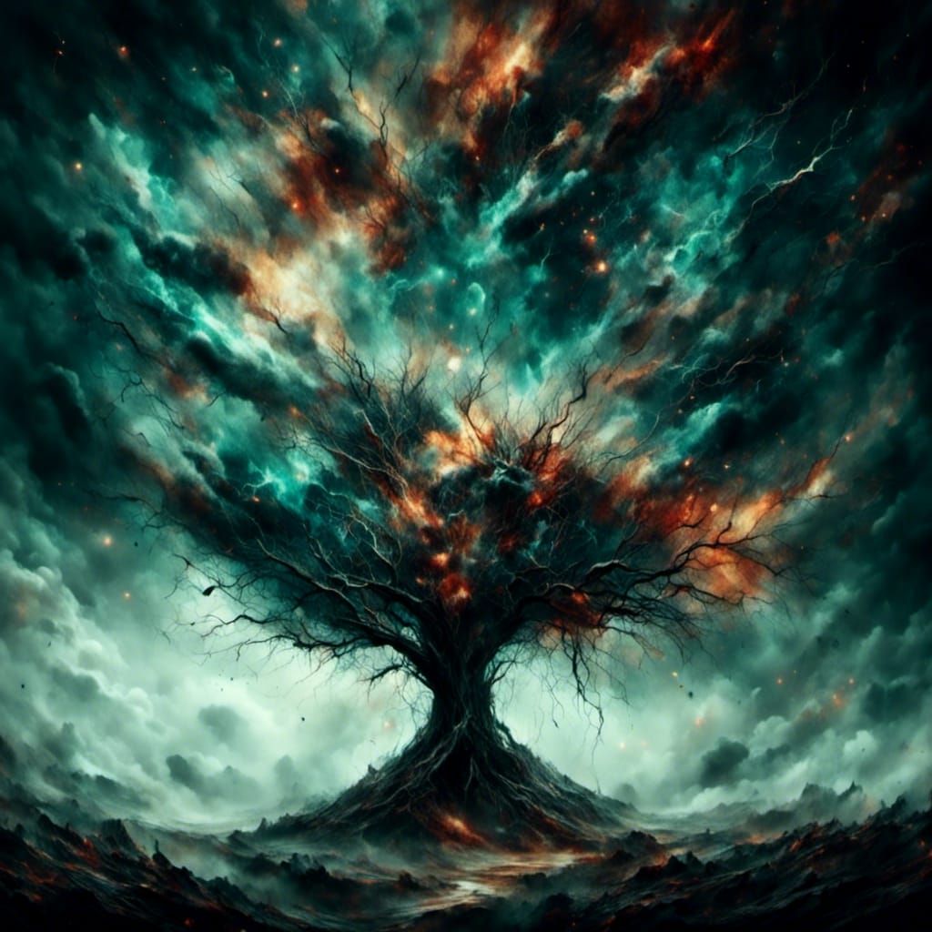 Dramatic Cosmic Tree in Digital Matte Painting Style