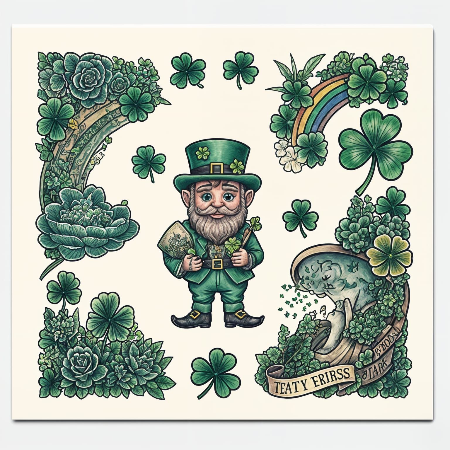 Shamrock, Leprechaun, and Rainbow Flash Tattoo Sheet