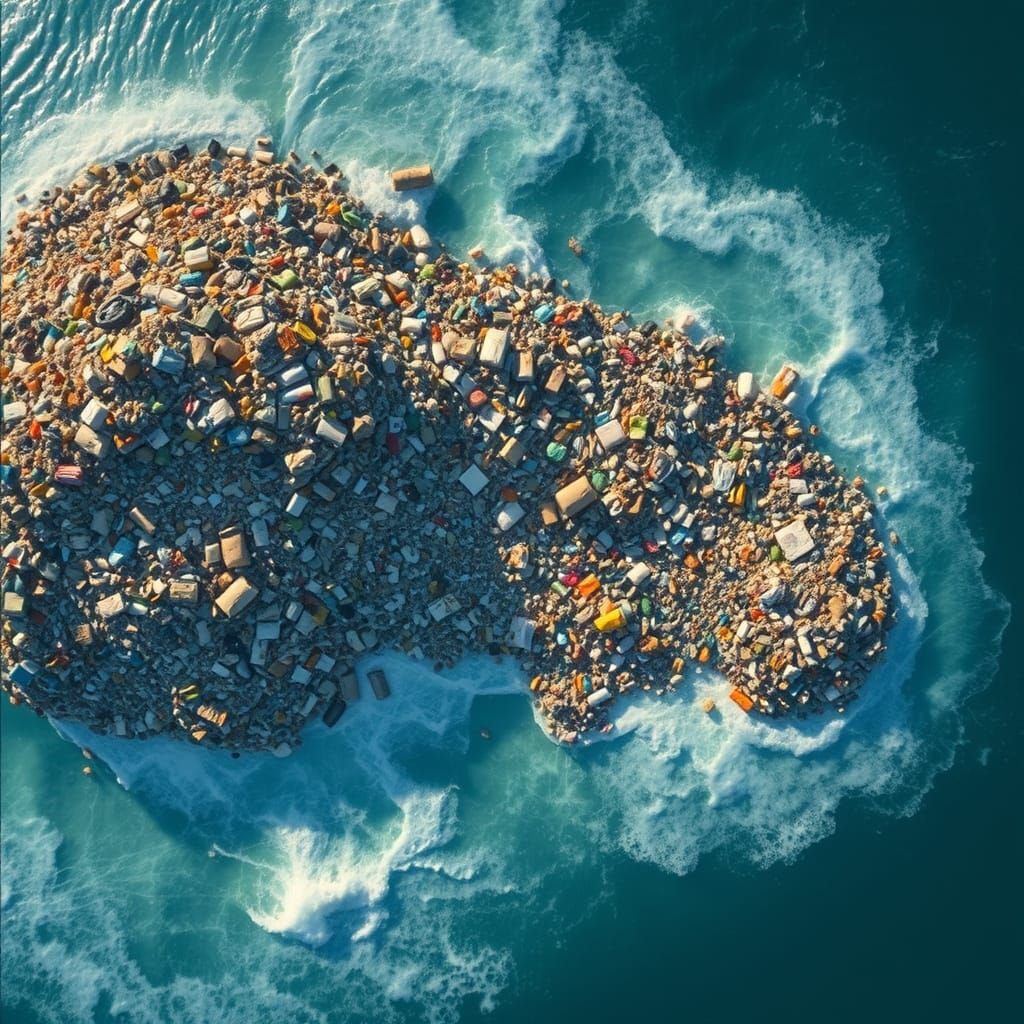Dystopian Garbage Islands in Surreal Ocean View