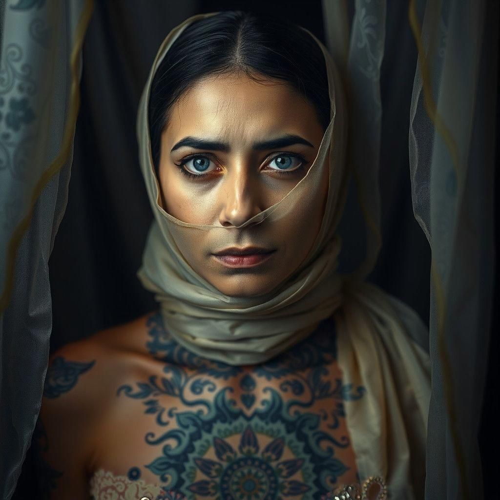 Woman with Iranian Carpet Tattoo in Dramatic Lighting