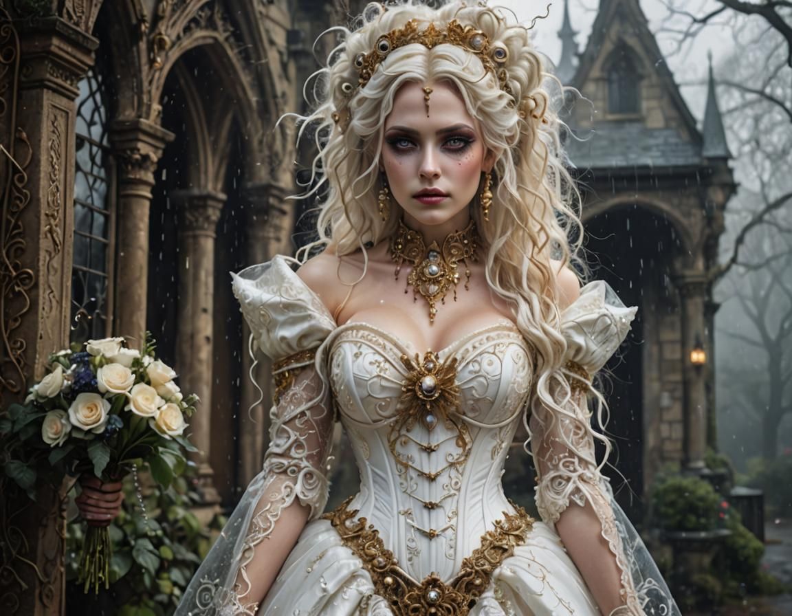 Gothic Woman in Extravagant White and Gold Gown
