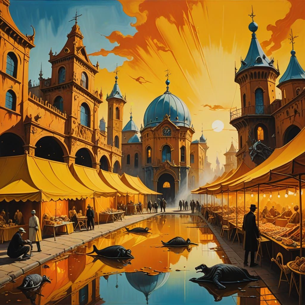 Surreal Dreamscapes of a Xanthic Zoo Bazaar in Vibrant Yello...