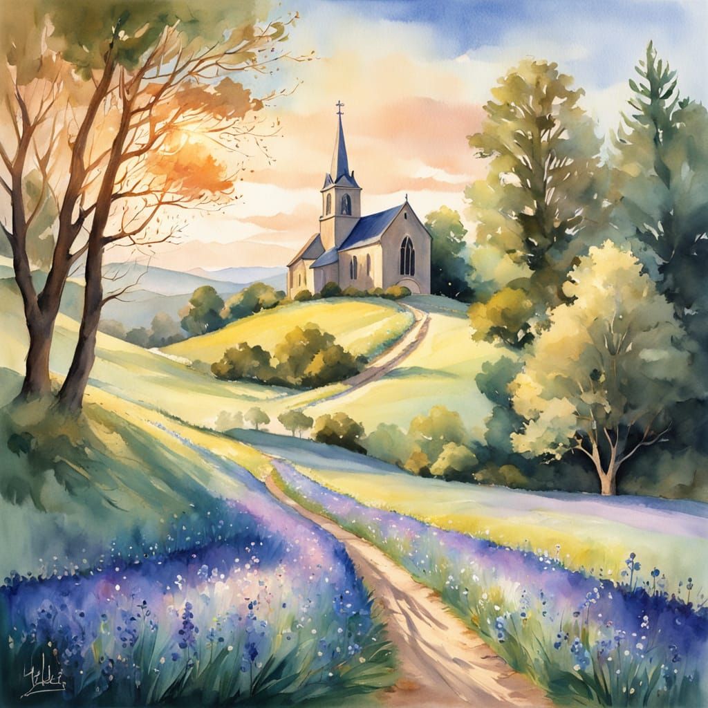 Serene Church Path with Bluebells in Bold Watercolor