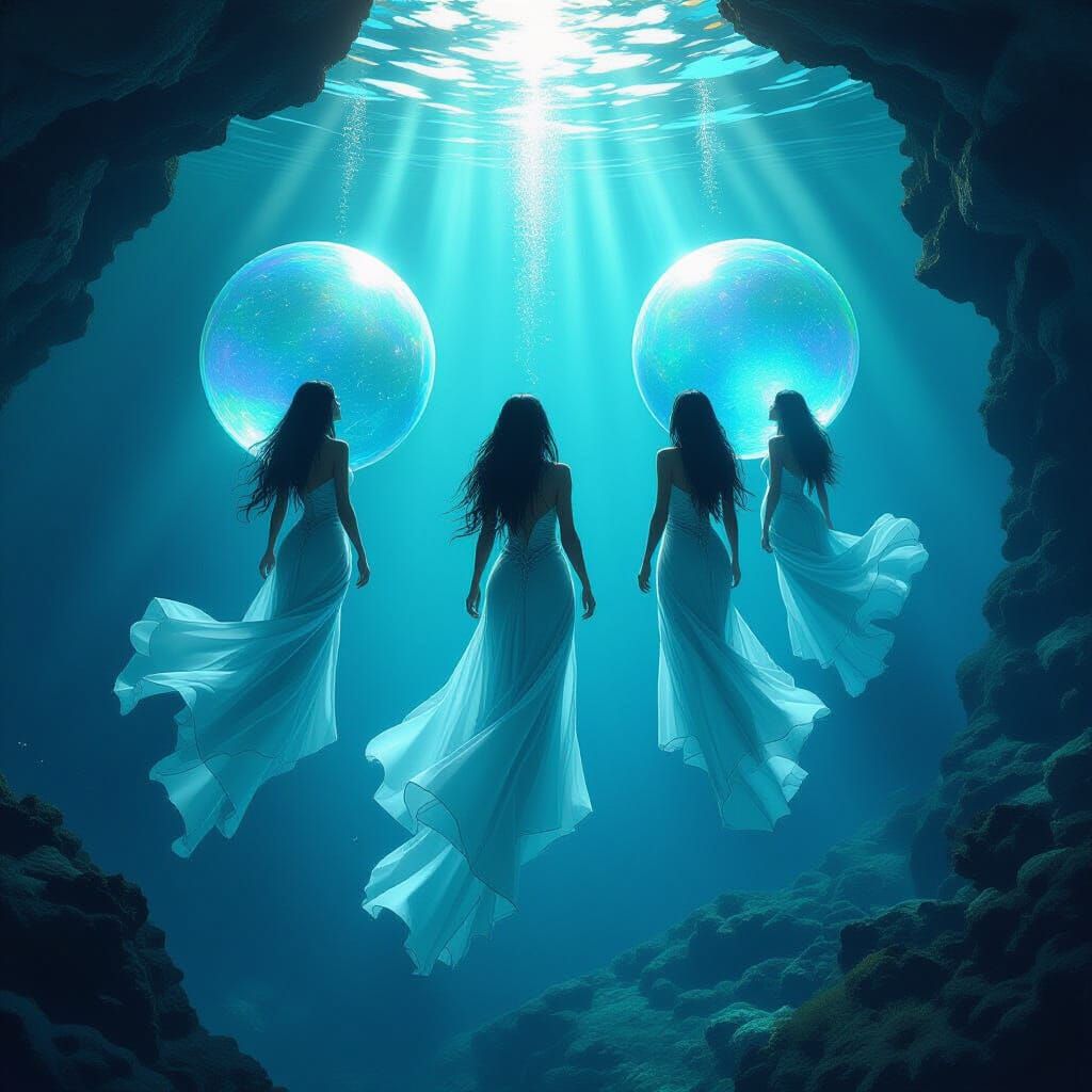 Ethereal Mermaids in Underwater Cave, Digital Art