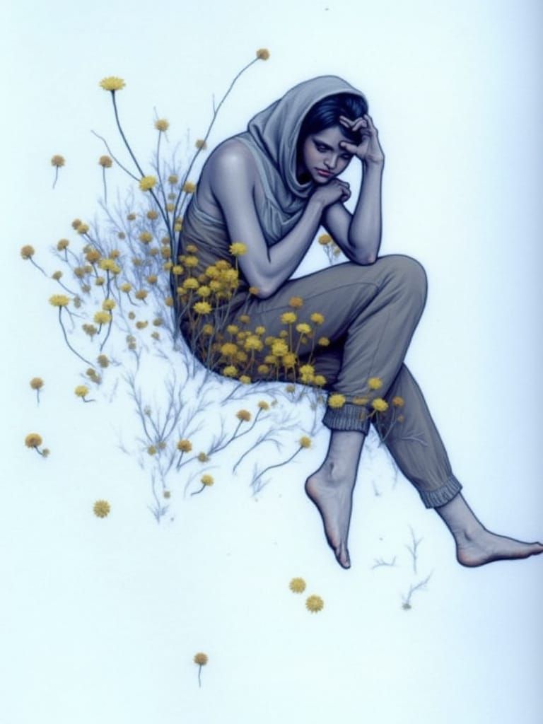 Solitude in a Dandelion Field: Symbolist Oil Painting