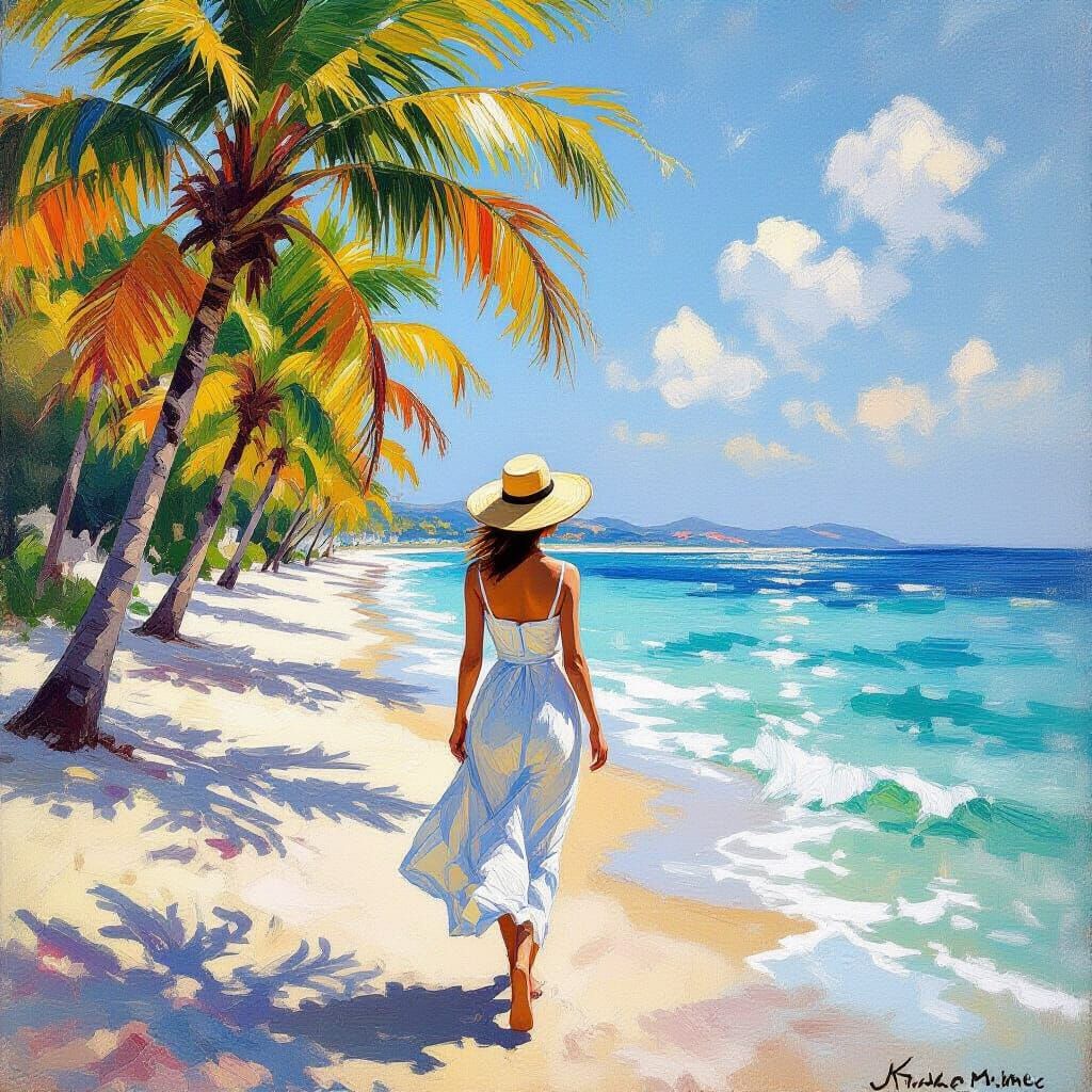 Impressionistic Woman Strolls on a Sunny Beach