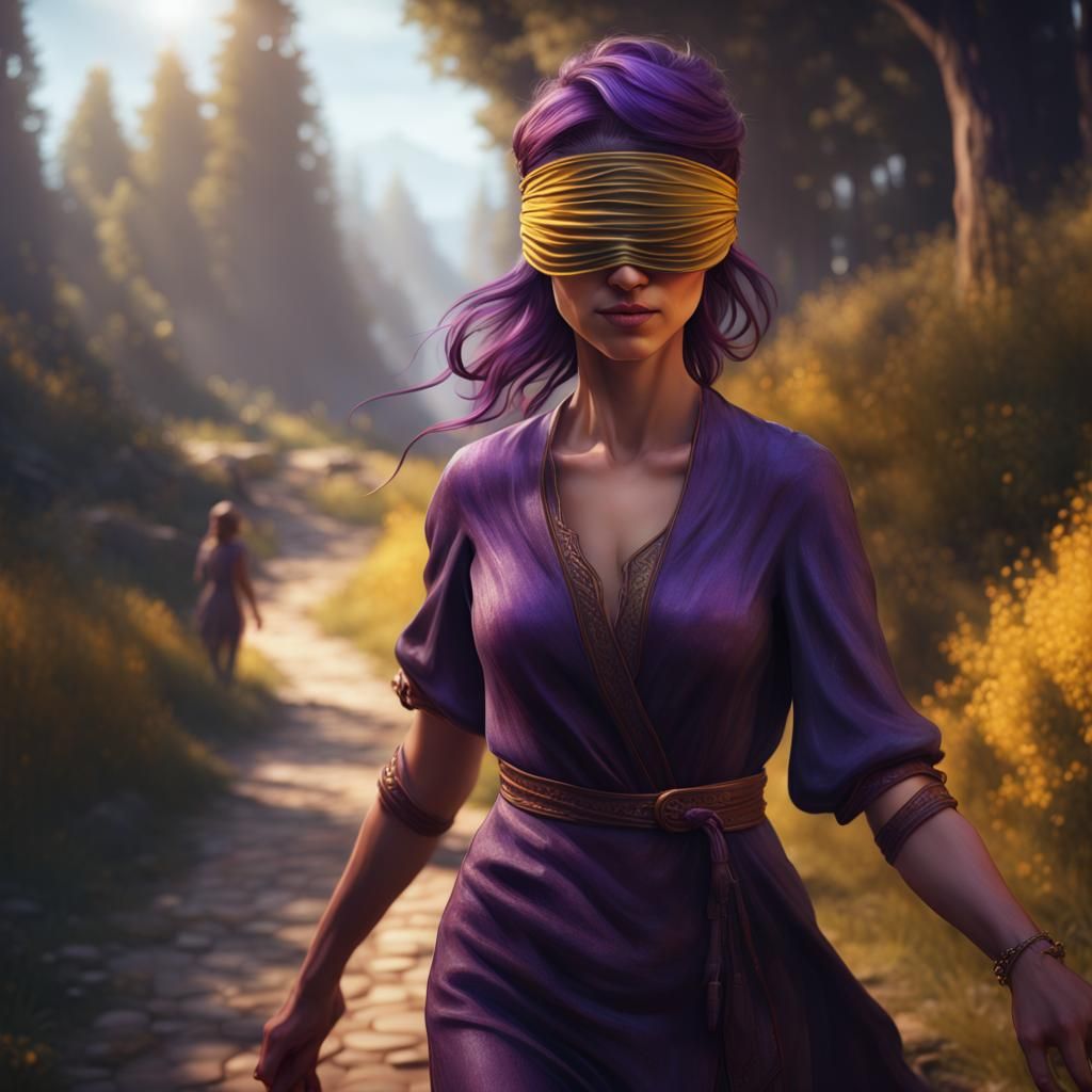 Blindfolded Woman on Path in Dark Fantasy Style