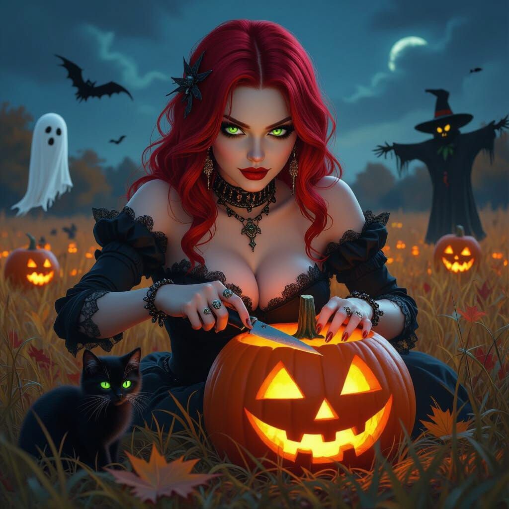 Goth Woman Carving Pumpkin in Autumn Field