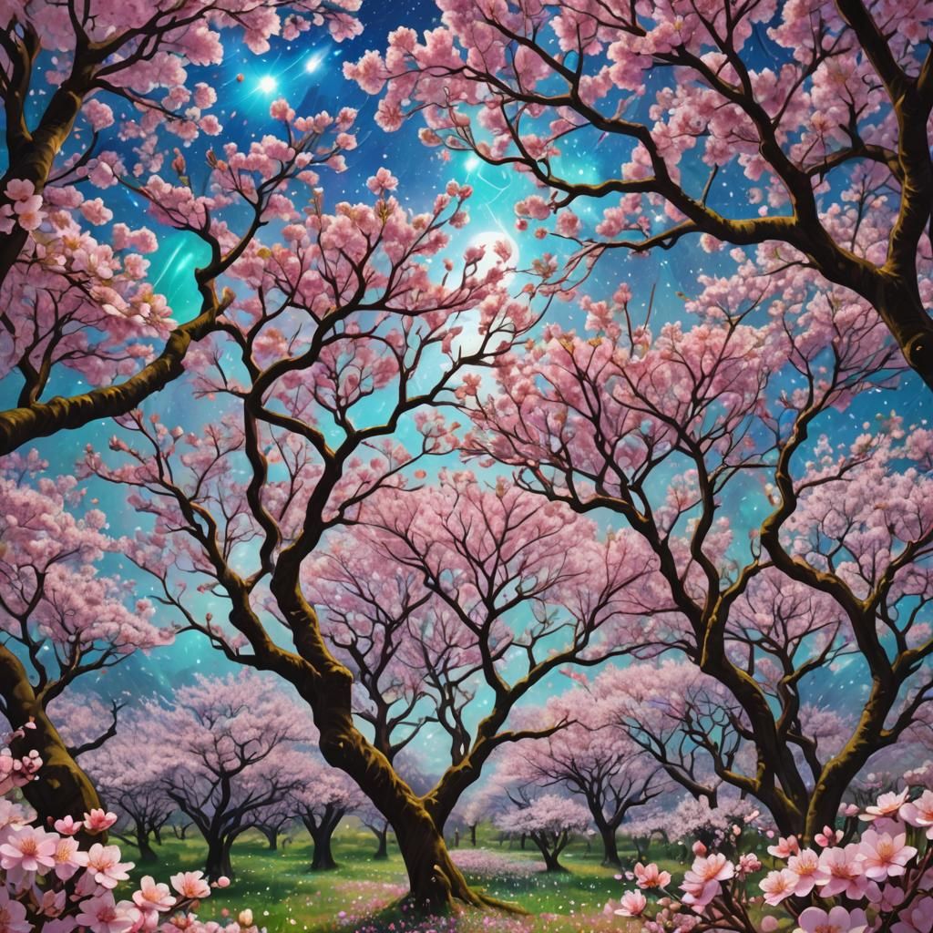 Cherry Blossom Orchard: Holographic Cosmic Illustration