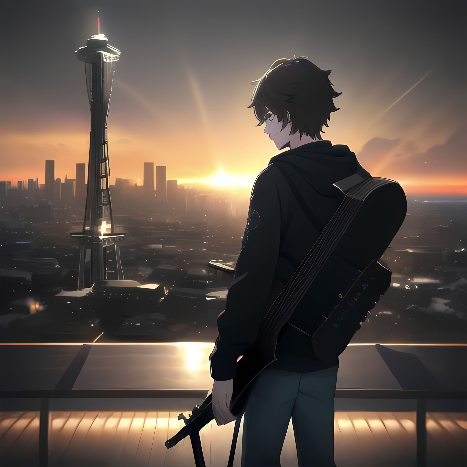 Teen Male Below Seattle Space Needle in 8K Cyberpunk Style A...