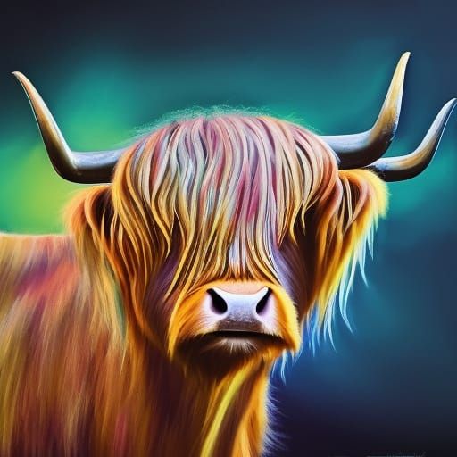 Hyperrealistic Scottish Highland Cow Splash Art