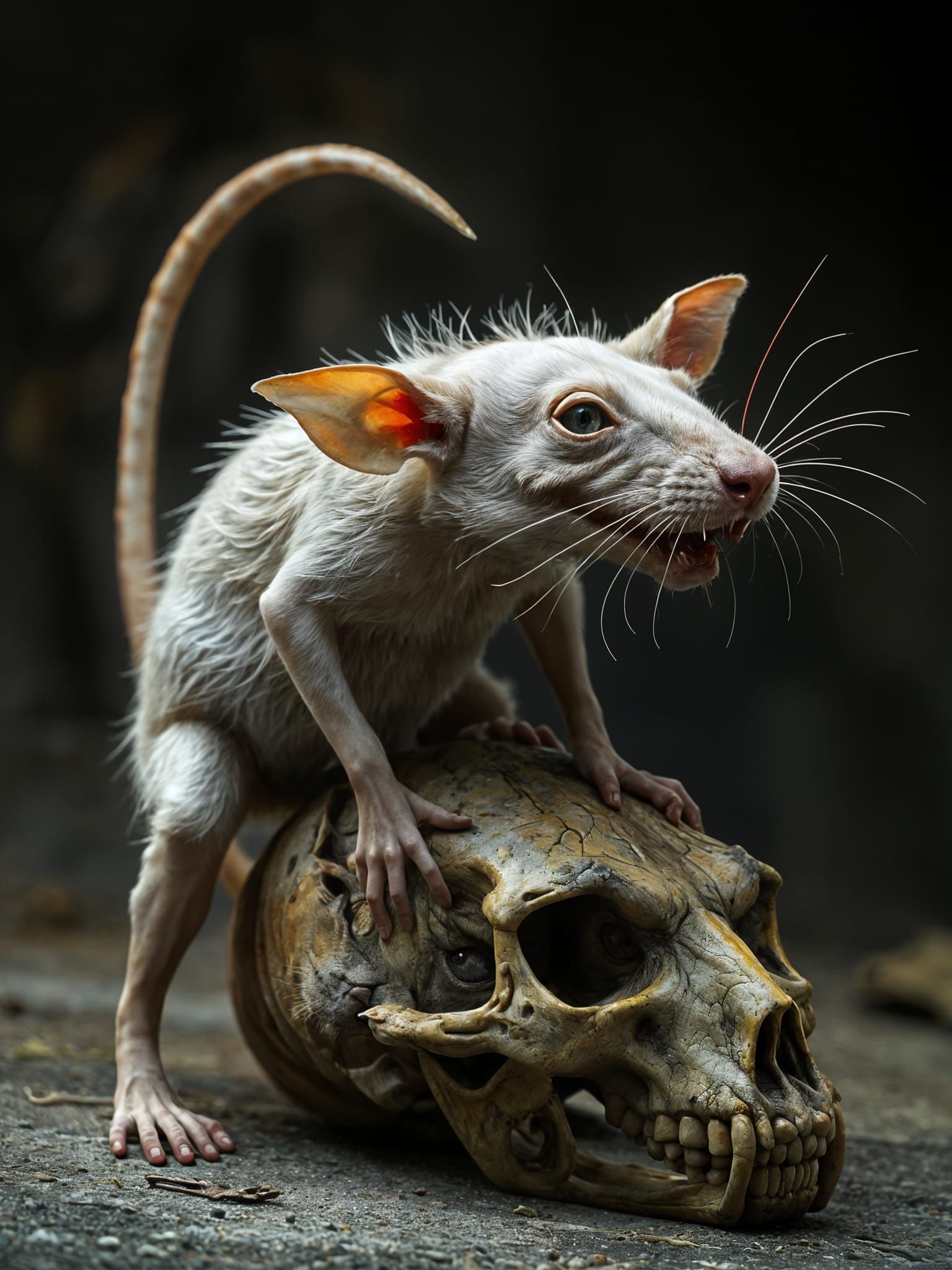 Rabid Albino Rat on Skull in Cyborg Style