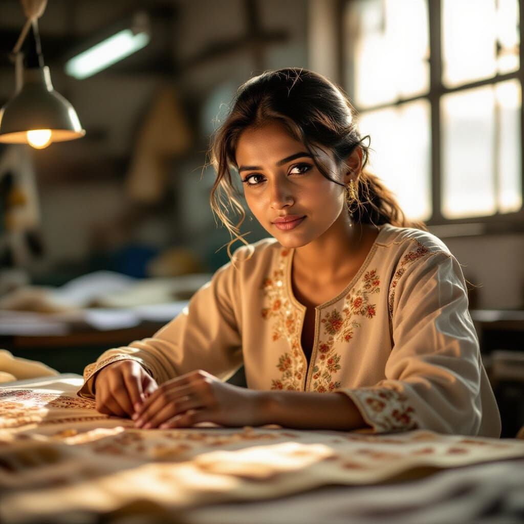 Garment Worker Inspects Embroidered Kurta in Morning Light