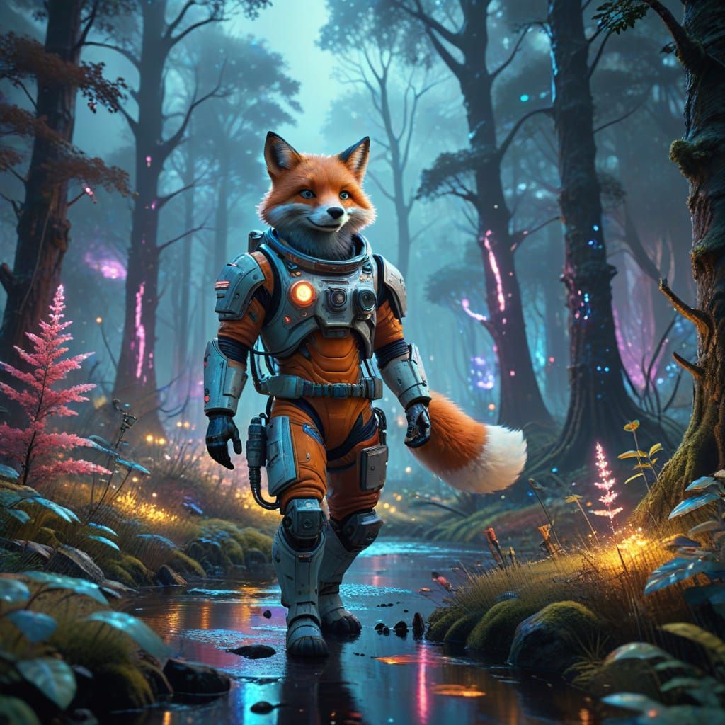 Cybernetic Fox Guides Astronaut Through Neon Forest