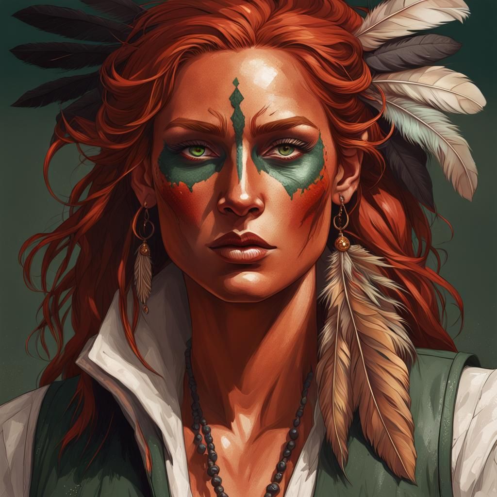 Redhead Portrait with Feathers, Hyperdetailed Art