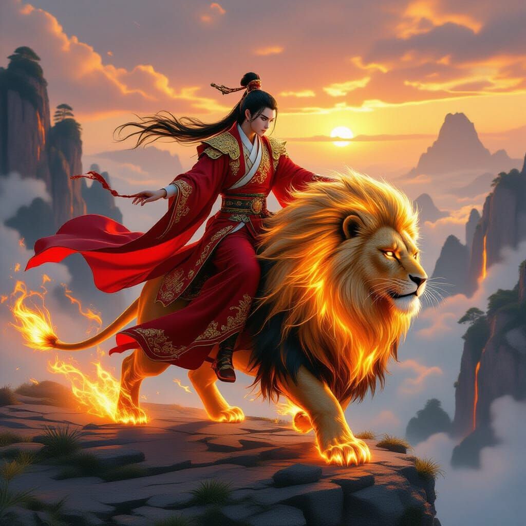 Wuxia Immortal on Golden Lion in a Cinematic Sunset