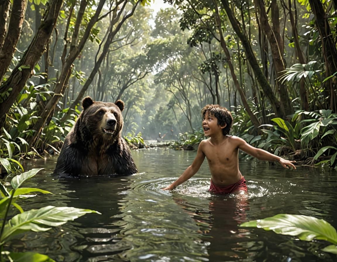 Baloo and Mowgli Swimming in the Jungle