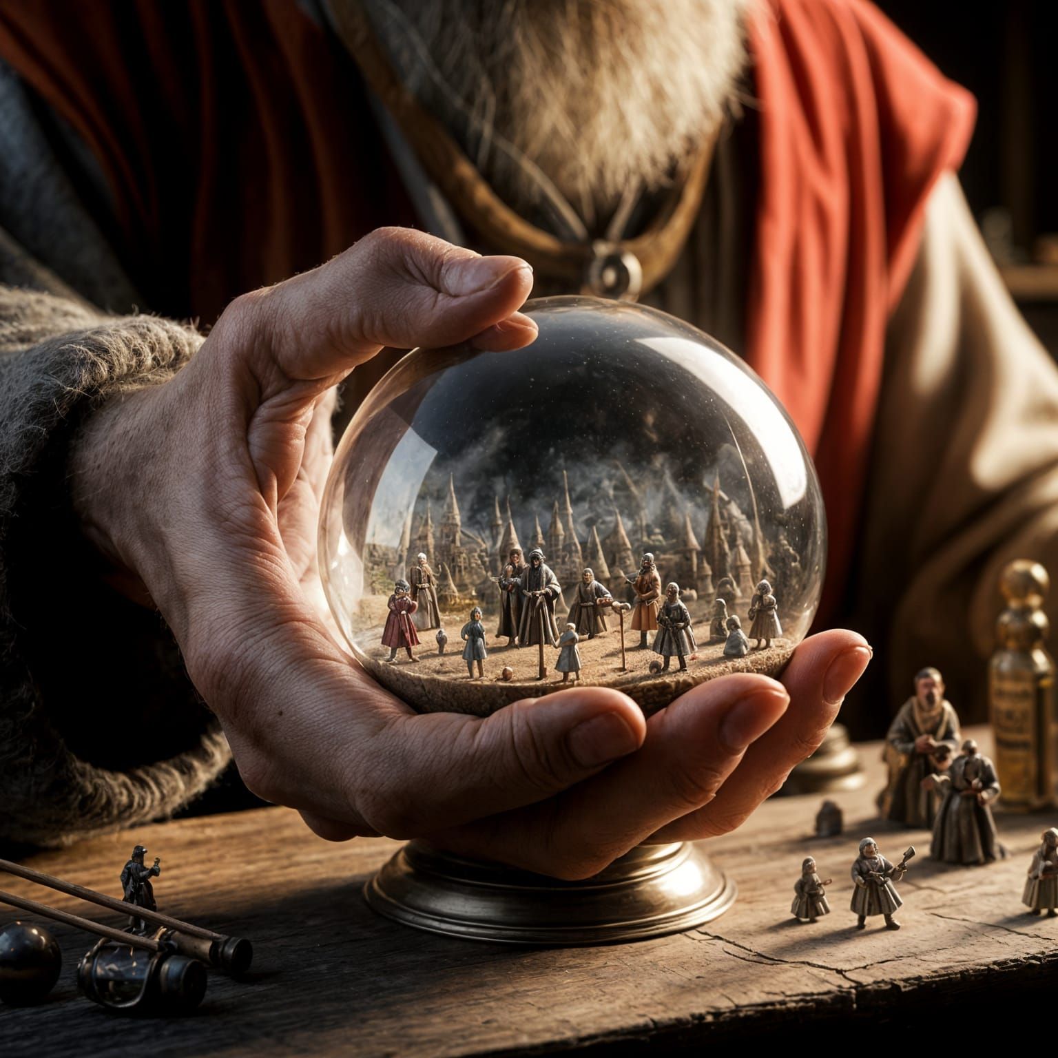 Medieval Alchemist Holding Orb With Tiny World
