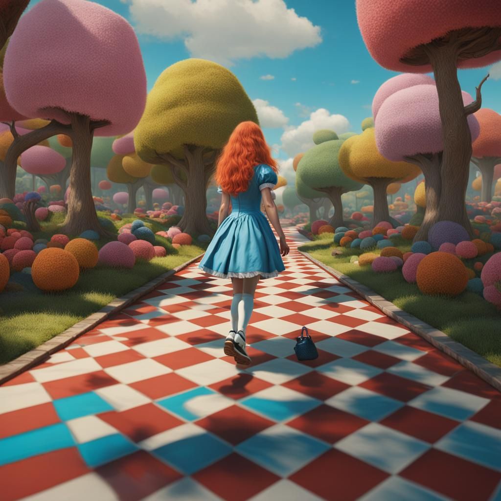 Alice in Wonderland on Checkered Path in 3D