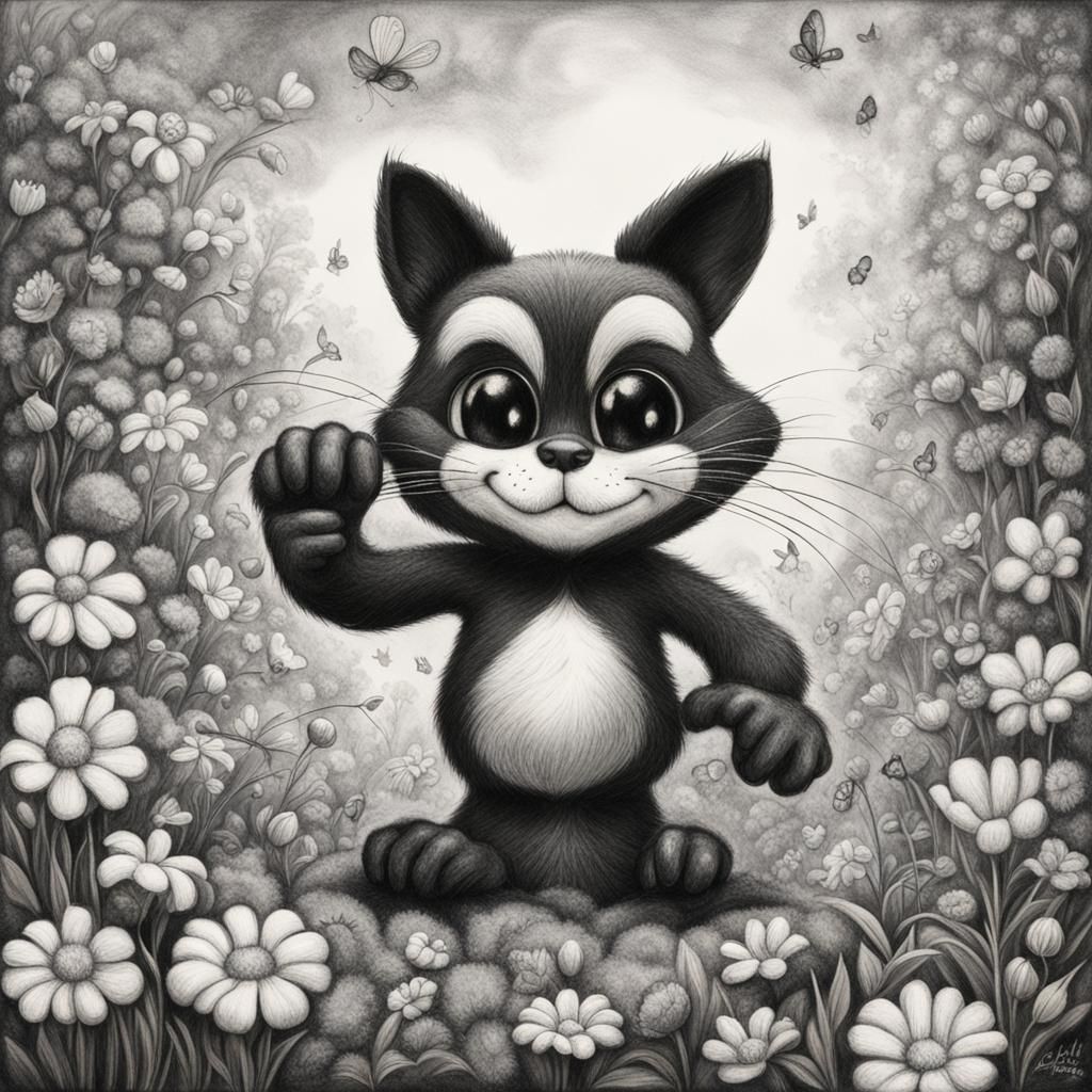 Felix the Cat in Charcoal with Spring Flowers