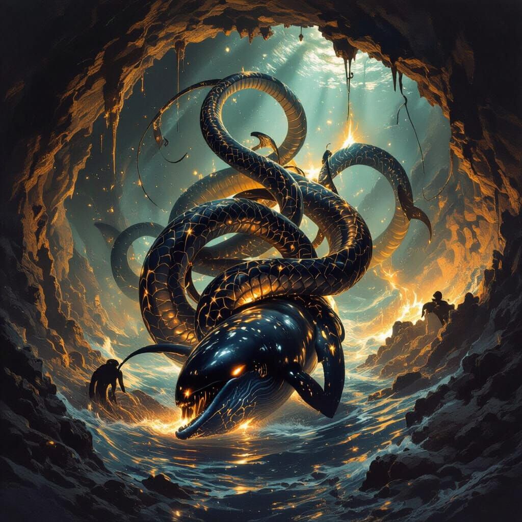 Giant Sea Serpent Devours Whale in Dark Fantasy Ocean Depths