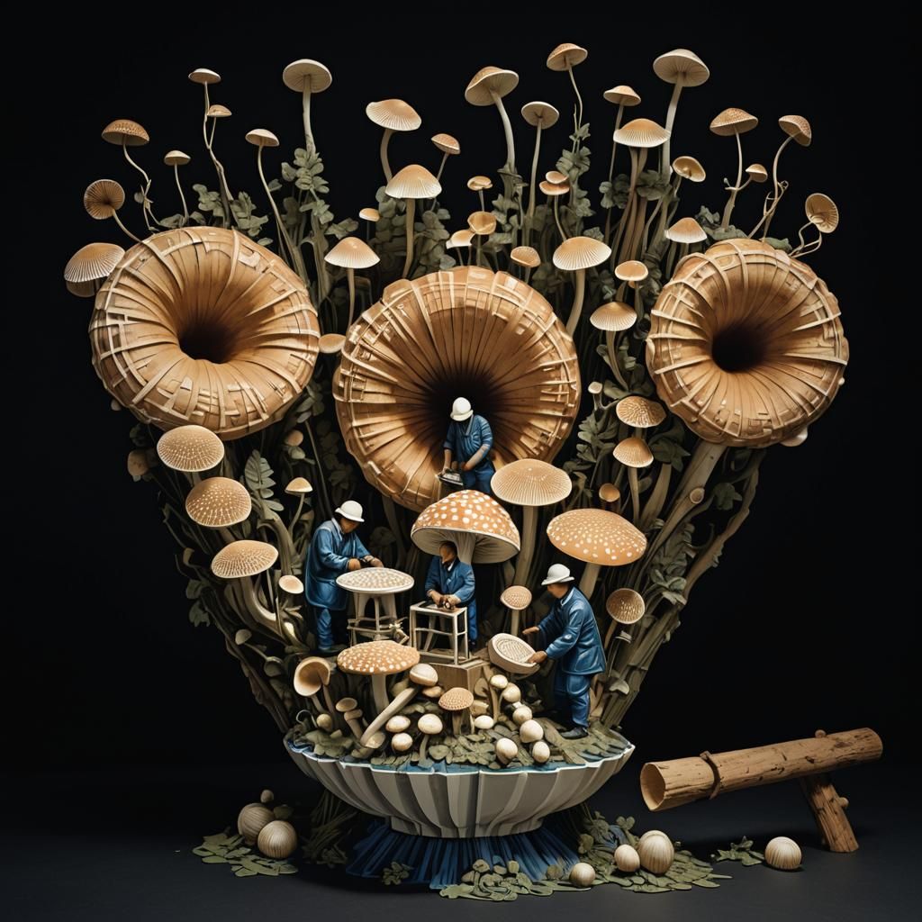 Indonesian Workers Tend Mushrooms: Linocut Print