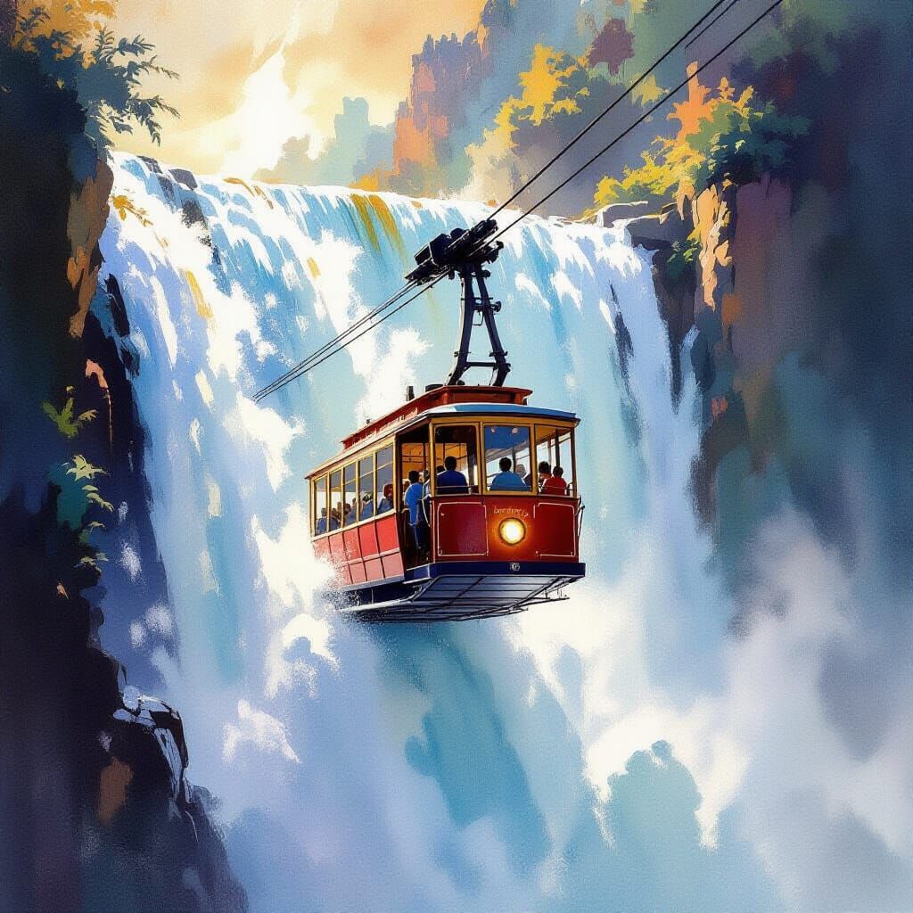 Vintage Cable Car Ascends Waterfall in Watercolor Style