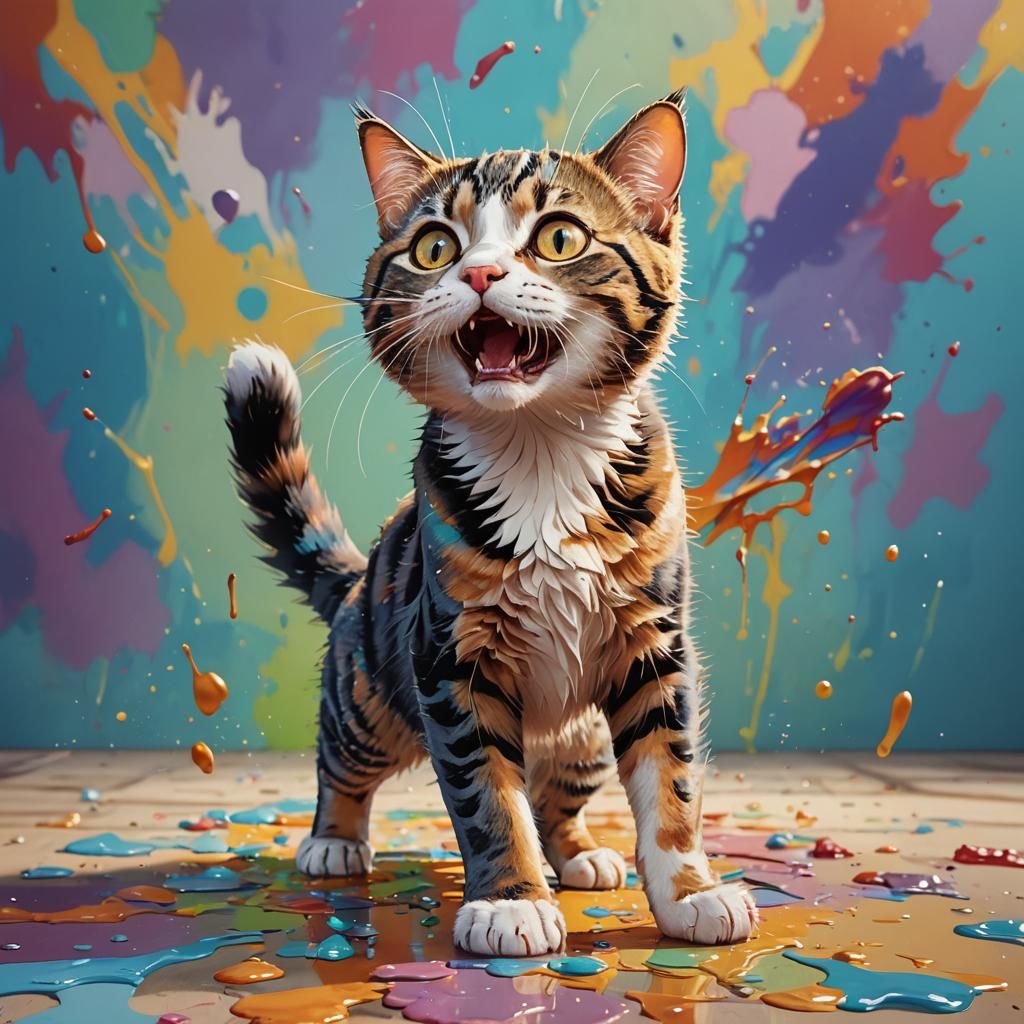 Hyperrealistic Cat Scaring Others in Splash Art Style