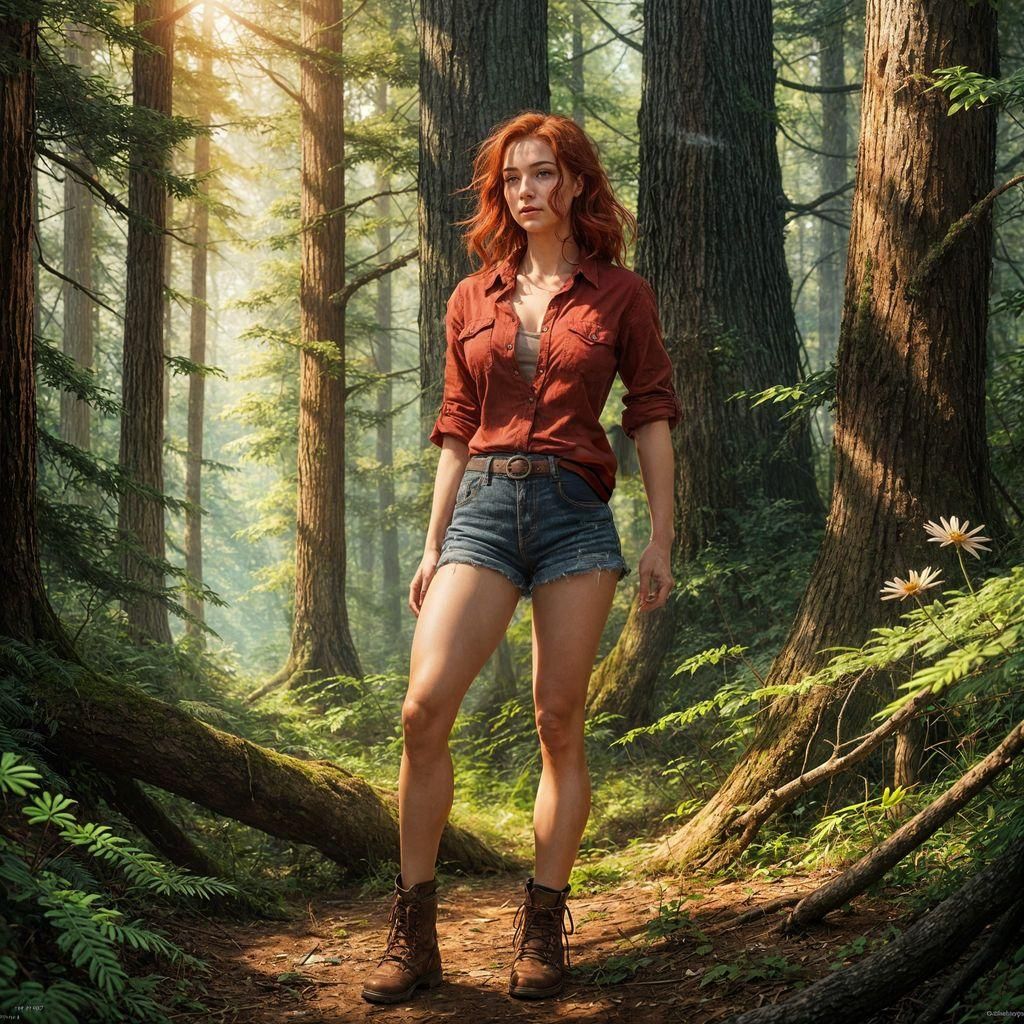 Red-Haired Girl in Forest: Detailed Matte Painting