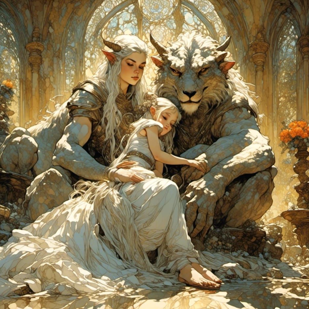 Falkor Embraces Elf in Double Exposure Watercolor