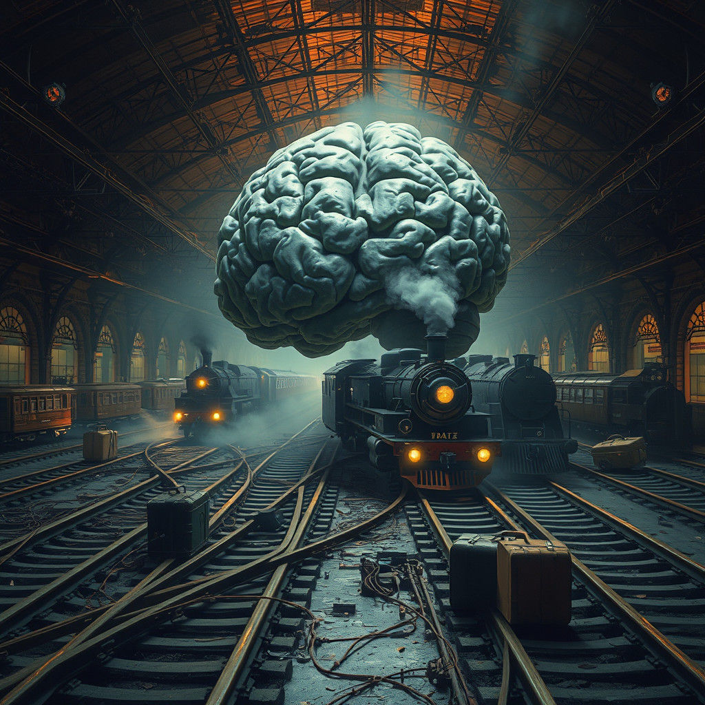 Brain as Train Station in Surrealist Style