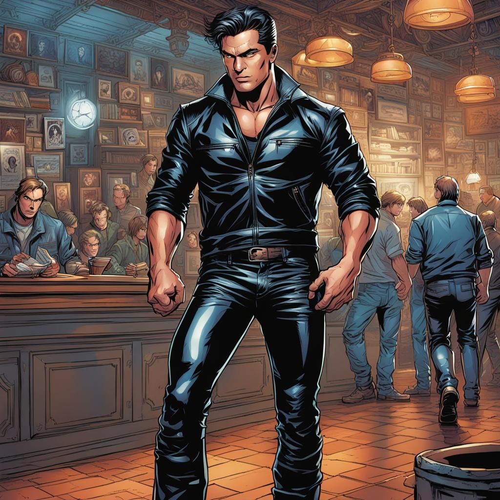 Male Model in Leather Pants, Comic Book Art