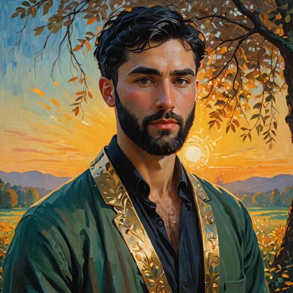 Impressionist Portrait of Man in Forest at Sunset